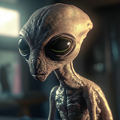 Image showing Alien attack or abduction or in a UFO space ship, visitor or scary world or universe with invasion, technology and martians. A close up or portrait of aliens for horror, strange and special effects.