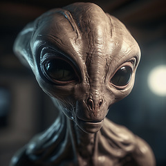 Image showing Alien attack or abduction or in a UFO space ship, visitor or scary world or universe with invasion, technology and martians. A close up or portrait of aliens for horror, strange and special effects.