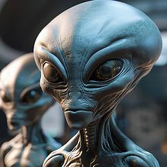 Image showing Alien attack or abduction or in a UFO space ship, visitor or scary world or universe with invasion, technology and martians. A close up or portrait of aliens for horror, strange and special effects.