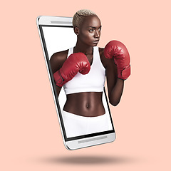 Image showing Phone, boxing and fitness app with black woman on studio background for sports, workout or training. Female with boxer gloves for online exercise tips, internet search and 3D display on screen mockup
