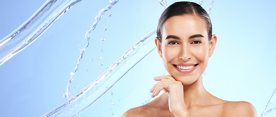 Image showing Banner, skincare portrait or happy woman with beauty or smiling female model face on studio background. Dermatology copy space, water or beautiful girl with facial treatment, smile or glowing results