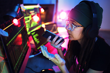 Image showing Computer screen, phone call or girl hacker in basement in dark room at night for hacking, phishing or cybersecurity. Voice note, woman or code for hacking, digital transformation or networking online