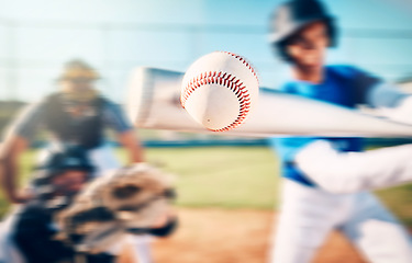 Image showing Baseball ball, athlete bat swing and speed on outdoor sport field with team and blur. Sports fast pitch, softball player hit and man on exercise ground in a stadium and usa game for fitness training