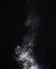 Image showing Grey smoke, white backdrop and png background with no people and fog in air. Smoking, smog swirl and isolated with smoker art from cigarette or pollution with graphic space for incense creativity