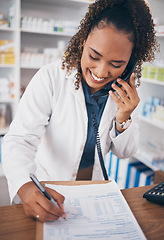 Image showing Phone call, pharmacy and pharmacist woman with medicine checklist, customer service or virtual healthcare support. Happy doctor writing medical note, health insurance document and telephone help desk