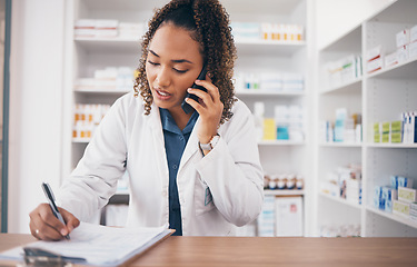 Image showing Phone call, pharmacist woman and writing on medicine checklist, customer service or virtual pharmacy support. Serious doctor with medical notes, health insurance documents and talking at help desk