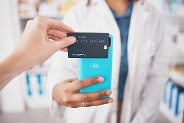 Image showing Hands, pharmacy and credit card shopping with phone, payment and fintech for healthcare at store. Woman pharmacist, digital customer experience and ecommerce for medicine product at shop with pos