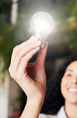 Image showing Light bulb, ideas and woman with inspiration, thinking and clean energy for sustainability. Female, glow and girl with motivation, creativity and thoughts for project, inspire and creation for growth