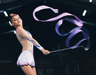 Image showing Portrait ribbon and woman gymnast with fitness, performance art and training. Gymnastics, dancing and studio show of a gymnastic dancer in a exercise competition with creative workout and moving