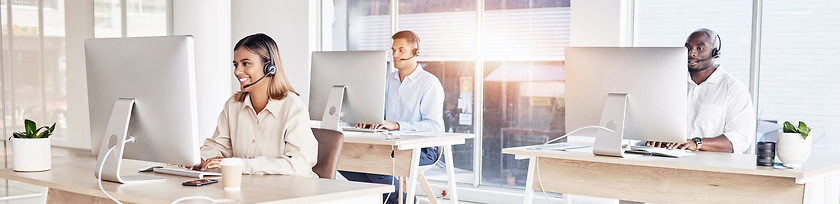 Image showing Call center, banner and business people in office, coworking sales company and customer service agency. Telemarketing team working on computer for consulting, advisory help desk and telecom questions