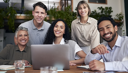 Image showing Portrait, team and business people with a laptop, planning and discussion for new project, profit growth or share ideas. Face, staff or group in office, tech and device for research and brainstorming