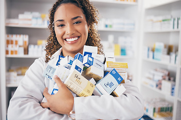 Image showing Woman in portrait, pills and pharmacist in pharmacy with drugs, healthcare and medicine in drug store. Vitamins, supplements and female smile with prescription medication in pharmaceutical industry