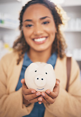 Image showing Insurance, piggy bank and woman in pharmacy for medical products, medication and supplements for wellness. Healthcare, hospital and happy female with financial savings, money and payment for medicine