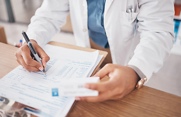 Image showing Hands, pharmacist or person writing medicine pills or supplements products to write drugs inventory. Paperwork, healthcare clinic or doctor with box of medical product or pharmacy stock checklist