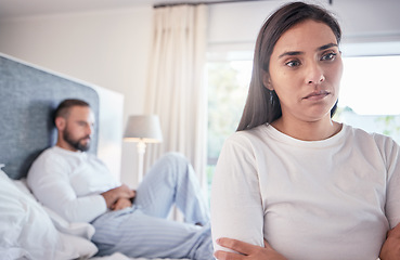 Image showing Affair, stress and couple on bed, angry and fighting with silent treatment, affair and disagreement. Woman, man and people with marital problems in bedroom, ignore and sad with anxiety at home