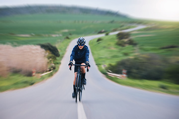 Image showing Fitness, race and cycling with woman in road for training, competition or championship. Workout, sports and triathlon with female cyclist riding on bike and fast for freedom, exercise and motion blur