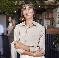 Image showing Portrait, business and woman with arms crossed, smile and leadership skills in workplace. Face, female employee and manager with confidence, startup and success with company, management and happiness