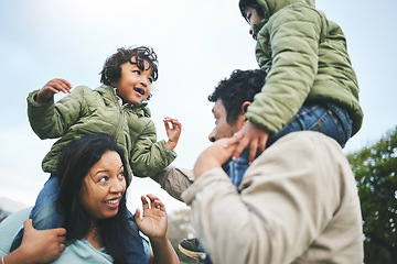 Image showing Fun, happy and family outdoor in nature for quality time, love and care outdoor. Man, woman or mom and dad playing and laughing with kids at a park for happiness on vacation, holiday or travel trip