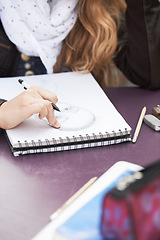 Image showing Drawing, design and a woman with a notebook for school creativity, exam sketch and inspiration. College, art and a student writing or doing a doodle on paper for education and university class