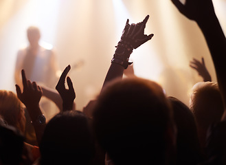 Image showing Crowd, rock and people at a concert for a band, performance and event at night. Party, celebration and group of fans at a music festival for a show, live entertainment and watching a musician