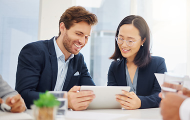 Image showing Happy business people, teamwork and talking with tablet for discussion, planning and office collaboration. Man, woman and diversity of employees, digital technology and innovation in global startup