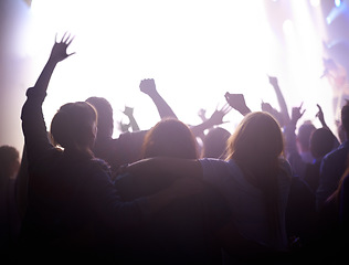 Image showing Group of people dancing at music festival from back, lights and energy at live concert event. Dance, fun and crowd of excited fans in arena at rock band performance or audience at party in silhouette