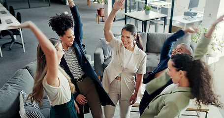 Image showing Partnership, teamwork and hands of business people in support of collaboration, trust and mission in office huddle. Women, team and hand connect in vision, goal and motivation, celebration or success