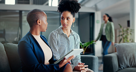 Image showing Tablet, business lounge and women teamwork on financial portfolio review, stock market feedback or investment. Finance economy, forex management team or African trader trading NFT, bitcoin or crypto