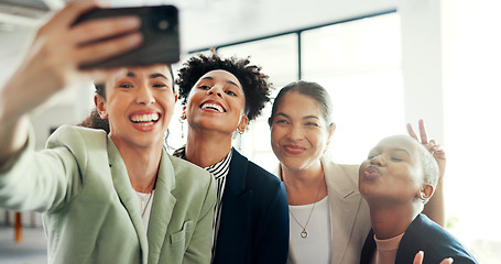 Image showing Selfie, friends and diversity with woman friends posing for a profile picture together in the office at work. Social media, partnership and teamwork with female colleague group taking a photograph