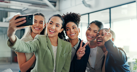 Image showing Selfie, friends and business with a black woman group posing for a profile picture together in the office at work. Social media, partnership and teamwork with female colleagues taking a photograph