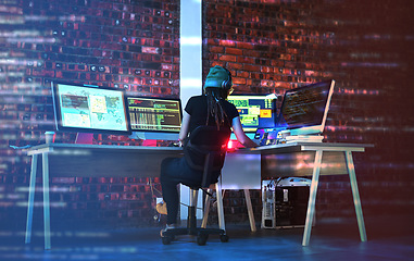 Image showing Digital coding, hacker woman and computer monitor for cybersecurity, programming and big data. Website hack, dashboard and technology of a female working on futuristic, iot and software database