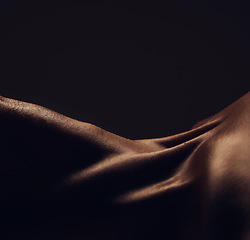 Image showing Nude, body and silhouette, woman and closeup, sexy with dark aesthetic, art with skin and sensual on black background. Desire, beauty and creative with seduction, darkness and naked female in studio