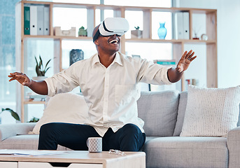 Image showing Virtual reality glasses, man and happy in house for cyber experience, metaverse interface or video game. Black male, VR and games in lounge for future innovation, ui technology and excited simulation
