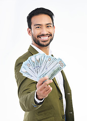 Image showing Cash, money and portrait of business man on white background for bonus, financial savings and payment. Finance success, investment and happy male for winning, budget and stock market profit in studio