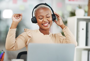 Image showing Dance, happy and black woman with music in office, radio break and listening to audio. Smile, enjoying and dancing African employee with headphones for streaming a podcast, songs and playlist