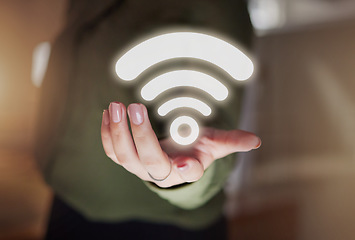 Image showing Woman hands, hotspot and wireless icon for network, signal and connection to technology, internet and website media. Closeup of digital connectivity, symbol and transmission of online data hologram