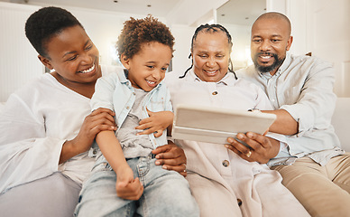 Image showing Family tablet, kid video and education with mother and father help of studying in a home. Student teaching, tech learning and online school development app with grandparents and smile in house