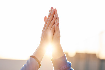 Image showing High five, fitness and hands in sky for teamwork, goals or collaboration training, team building and support. Athlete personal trainer, woman partner or people with success hand sign together in sun