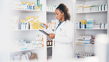 Image showing Tablet, stock and medication with a woman in a pharmacy to fill an online order of prescription treatment. Healthcare, product or insurance with a female pharmacist working as a medicine professional