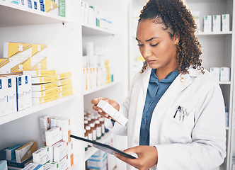 Image showing Tablet, stock and healthcare with a woman in a pharmacy to fill an online order of prescription treatment. Medical, product and insurance with a female pharmacist working as a medicine professional