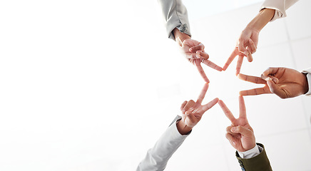 Image showing Star hands, together and people teamwork, collaboration and group synergy or support from below mockup. Employees, community or friends with v or peace sign for quality, workflow and career services