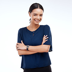 Image showing Portrait, business and woman with smile, arms crossed and consultant isolated on a white studio background. Face, female employee and happy entrepreneur with happiness, growth and professional skills