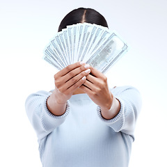 Image showing Dollar money, hands or studio woman with lottery award win, competition giveaway or bonus cash payment. Finance trading bills, financial freedom or prize winner with person hidden on white background