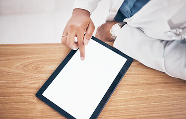 Image showing Tablet mockup, woman or hand of doctor typing to search for healthcare services on marketing space. Medical screen closeup or worker by desk with medicine online research in pharmacy drugstore clinic