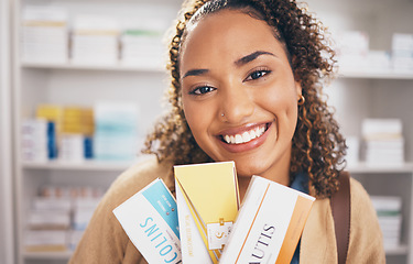 Image showing Pharmacy, medicine or portrait of happy woman with boxes of pills or healthcare products in drugstore. Pharmaceutical sale or customer smiling with supplements package shopping in medical chemist