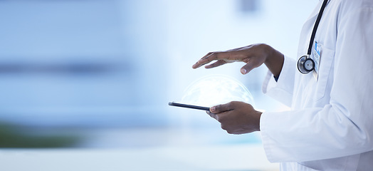 Image showing Mockup, hands and doctor with tablet, futuristic and innovation for medicare, telehealth and typing. Medical professional, hand and person with a device, technology and research for diagnosis or cure