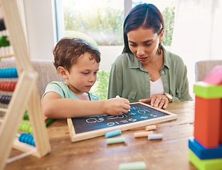 Image showing Child, mother and chalkboard writing for math, numbers and home school development of happy family, help and support. Biracial woman or mom and kindergarten kid with learning, teaching and education