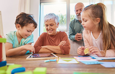 Image showing Family, home school and tablet, grandparents and children at table learning online with technology app. Education, happiness or old woman, man and kids with elearning for growth and child development