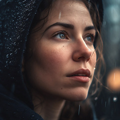 Image showing Natural, real person portrait and closeup of a woman, girl or female outside in nature or a forest. Artistic, edgy and cute or pretty face - AI generated