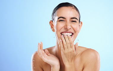 Image showing Woman, teeth and portrait smile for dental care, skincare or hygiene against a blue studio background. Happy female face smiling for tooth whitening, oral or mouth surgery and clean beauty on mockup